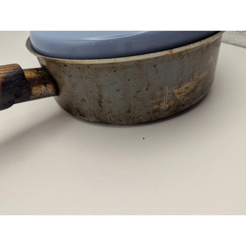 Vintage Mirro Blue‎ Saucepan 1 Qt Wood Handle Country Geese Retro Cookware USA